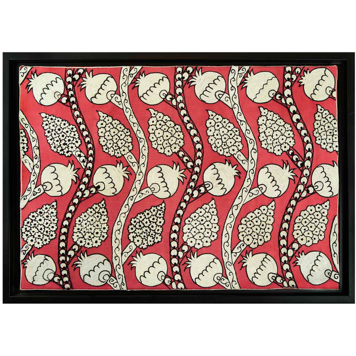 Horizontal front view of Mekhann's hand embroidered, pink silk artwork, giving an alternative perspective of viewing to give an idea of what the frame would look like hung horizontally.