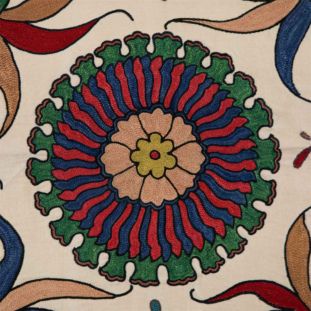 Detailed view of Mekhann's pomegranate cream petite throw, showcasing the plush silk fabric and detailed hand embroidered pattern.