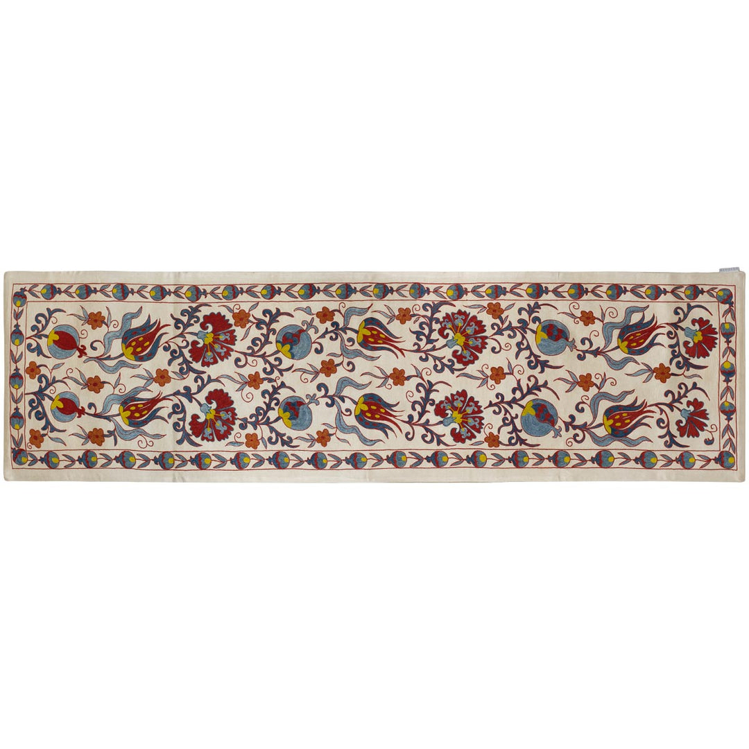 Horizontal front view of Mekhann's cream tulips runner, showing an alternate way you can use or view the runner.