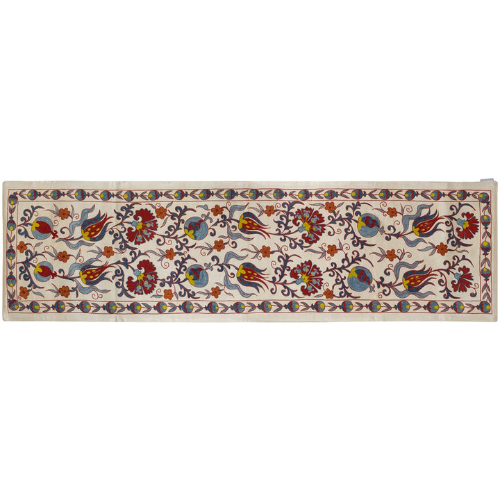 Horizontal front view of Mekhann's cream tulips runner, showing an alternate way you can use or view the runner.