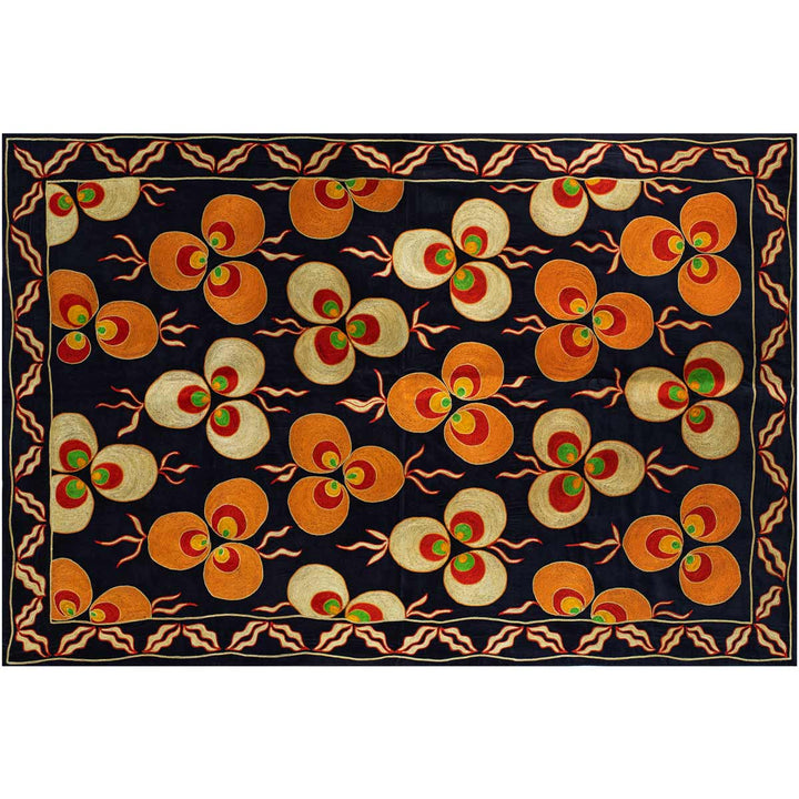 Horizontal view of Mekhann's navy, velvet cintamani throw, Giving an alternative way you can place or view the throw for different settings.