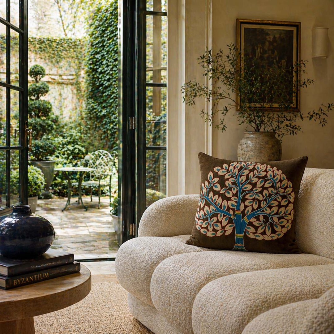 Decorative cushions handcrafted from embroidered silk and velvet ikat by Mekhann 