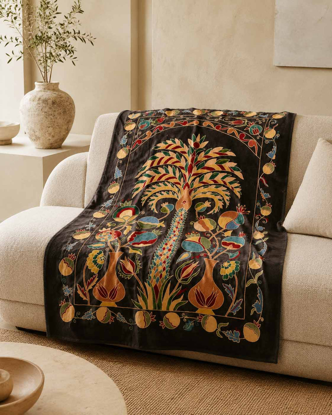 Decorative cushions handcrafted from embroidered silk and velvet ikat by Mekhann 