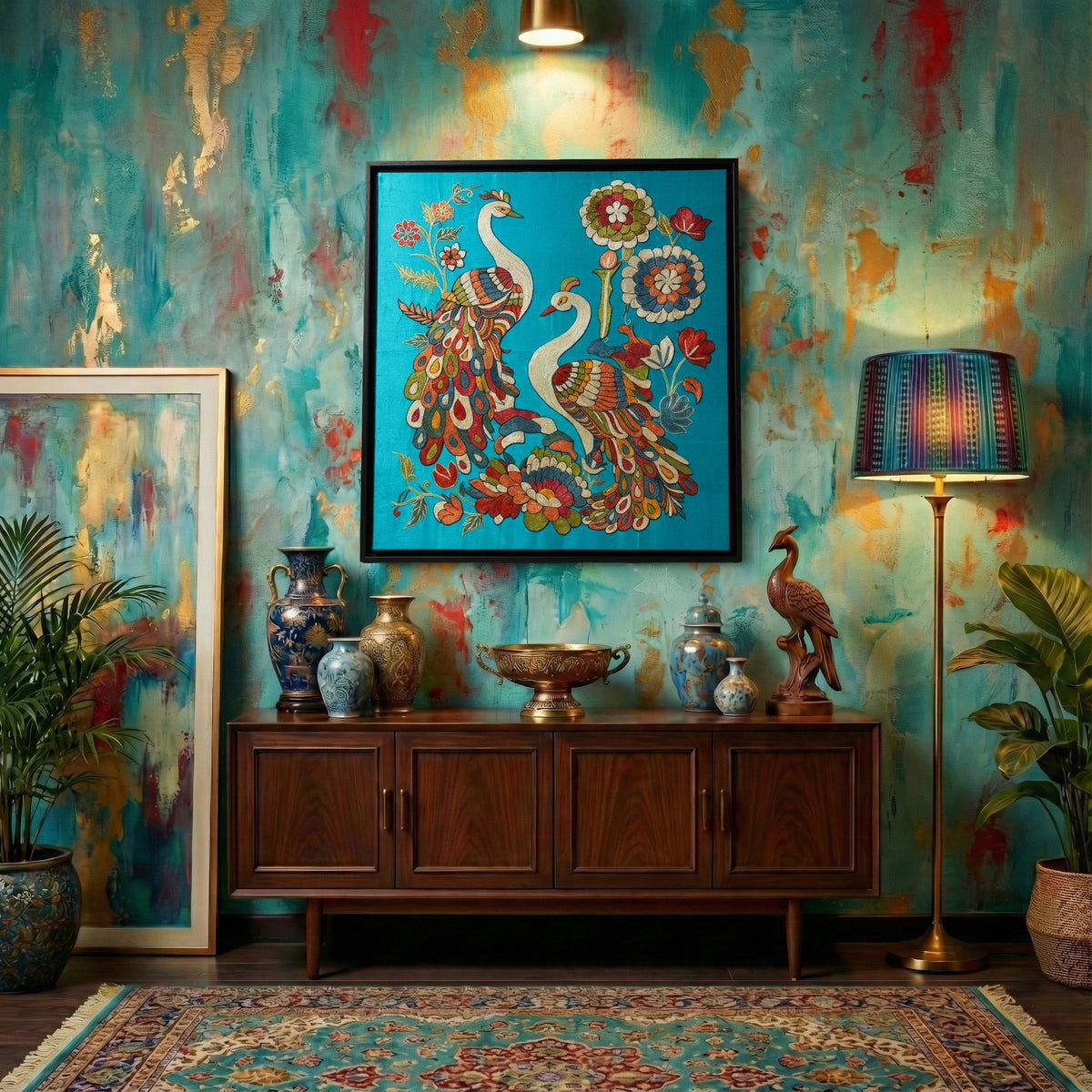 Decorative room with peacock artwork, vases, and a lamp against a colorful wall.