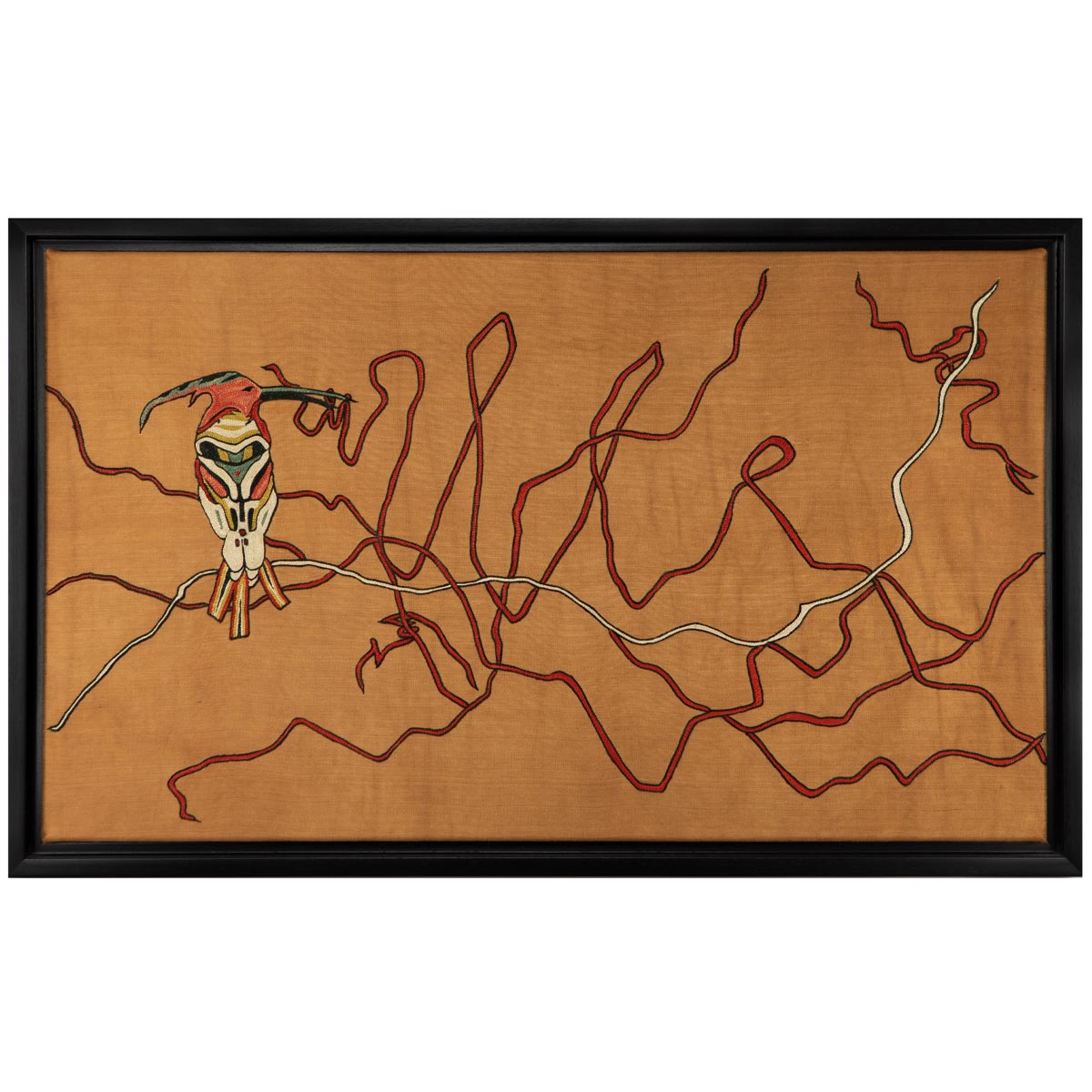 Framed artwork of a hoopoe bird with a black frame, featuring a colorful, patterned background.