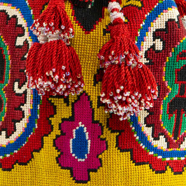 Close-up of the intricate embroidery on Mekhann's yellow arabesque bucket bag, highlighting the detailed craftsmanship and vibrant colour mix.