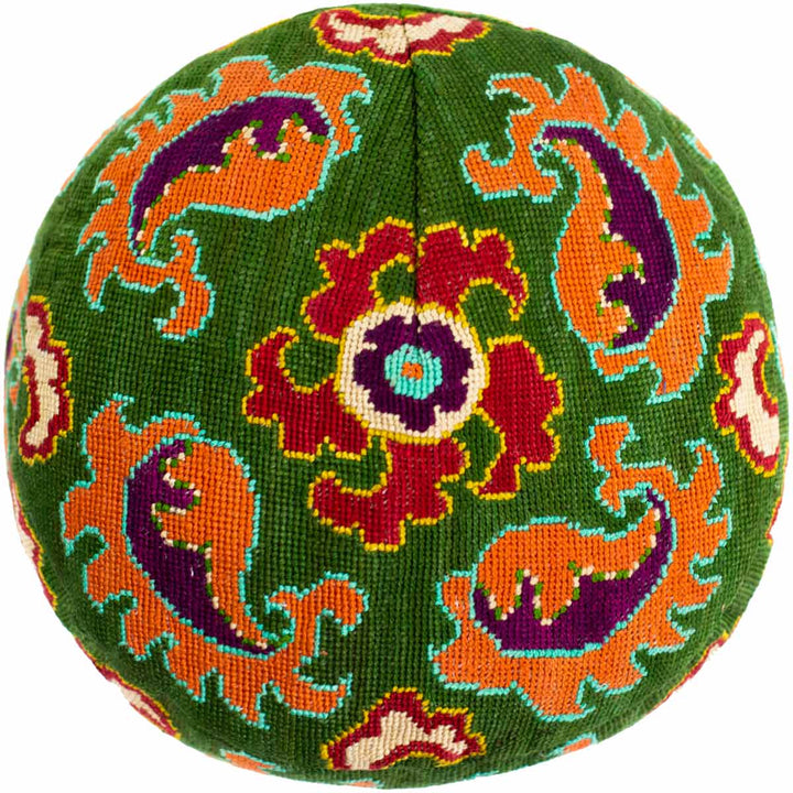 Top view of Mekhann's green arabesque skull cap, shows how all the hand embroidered shapes fit on top on the hat and complement each other.