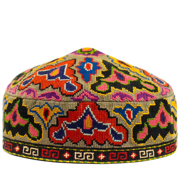 Front view of Mekhann's multicoloured arabesque skull cap, showcasing a wonderful collection of hand embroidered patterns.