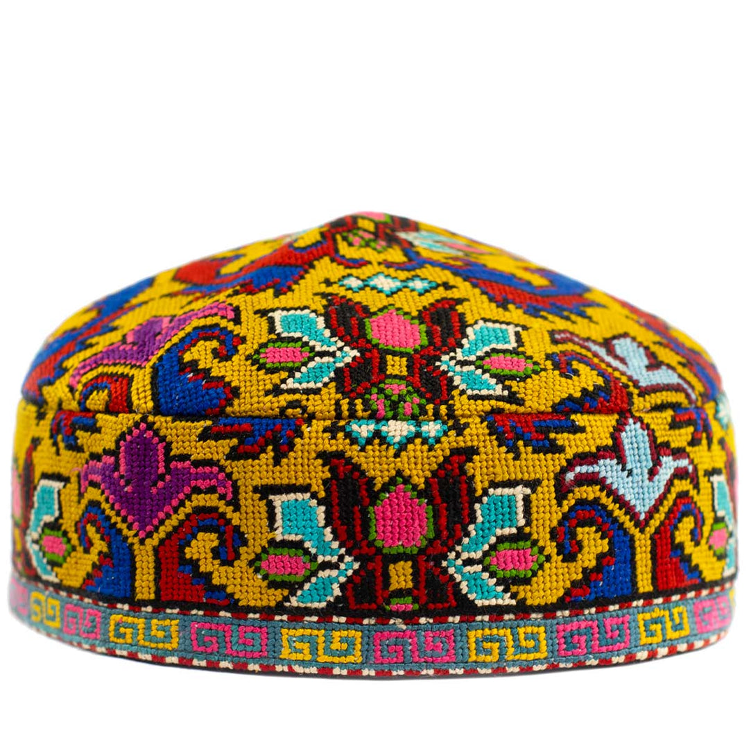 Front view of Mekhann's arabesque yellow skull cap, the embroidered patterns showcase the attention to detail in the design and craftsmanship of our artisans.