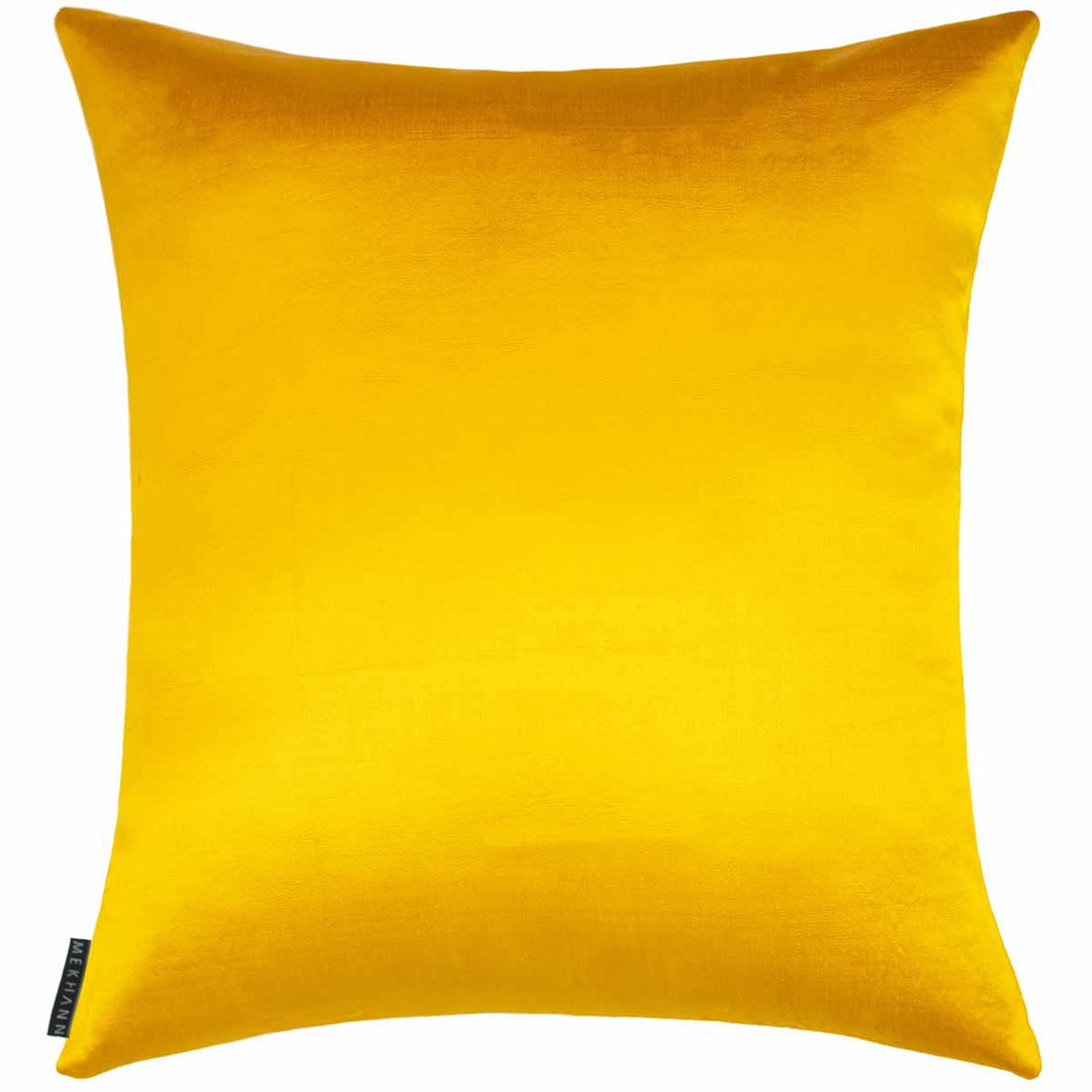 Back view of Mekhann's yellow Domes silk fully embroidered cushion, exposing the back yellow silk side of the cushion.