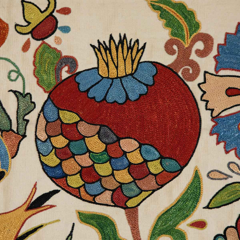 Detailed view of Mekhann's botanical cream petite throw, showcasing the plush embroidered detailing and bright red, blue, green and light yellow colouring.