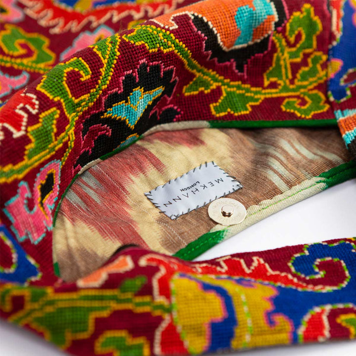 Inside view of Mekhann's multicoloured large shoulder bag, revealing a spacious interior perfect for daily essentials.