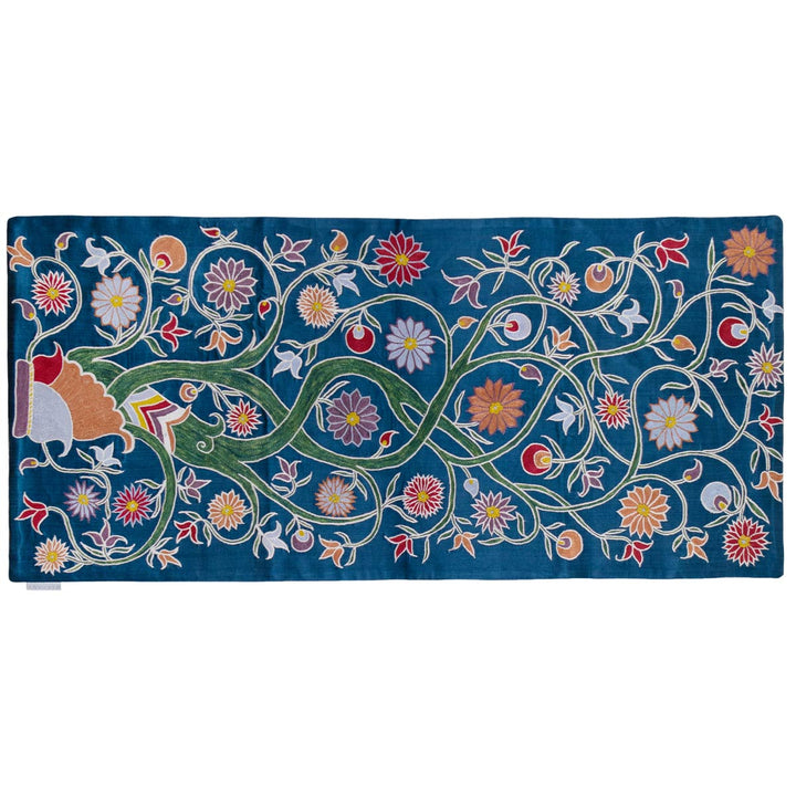 Horizontal front view of Mekhann's navy botanical runner runner, showing an alternative way to view or display the runner.