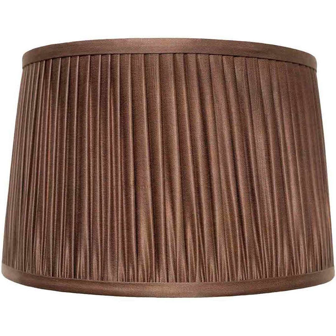 Front view of Mekhann's luxurious brown silk lampshade, featuring exquisite hand-pleated detailing for an elegant home accent.