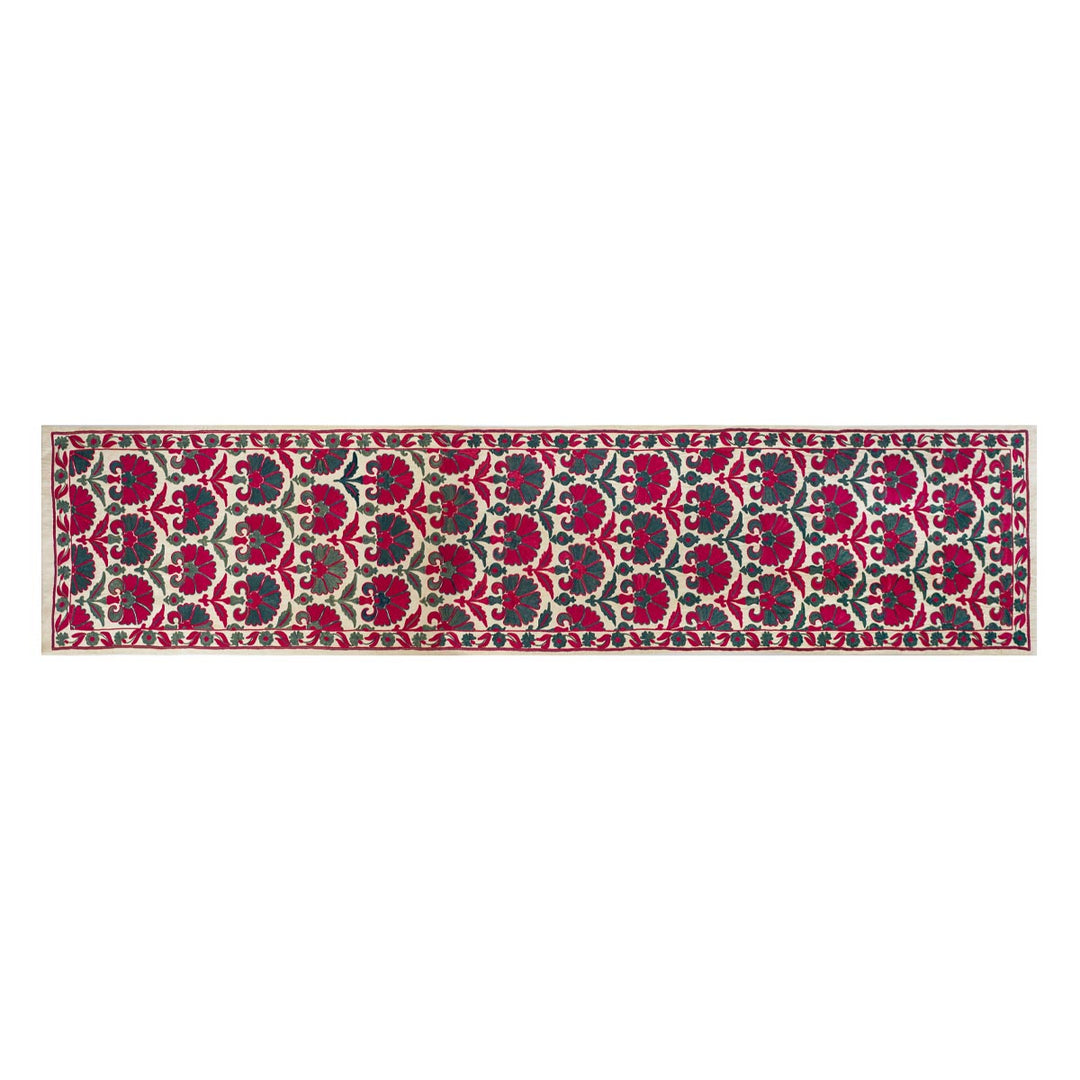 Horizontal front view of Mekhann's carnations runner in pink and teal, showing an alternative way you can place the runner.
