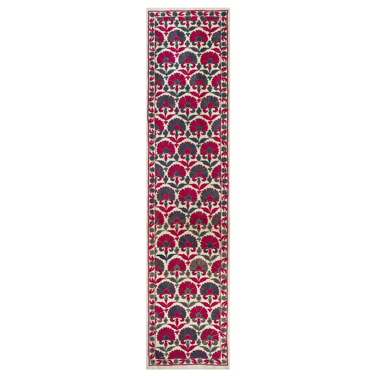 Front view of Mekhann's carnations runner in pink and teal, showing the full display of hand embroidered carnation patterns of the silk runner and how the colours complement each other on the cream silk base.