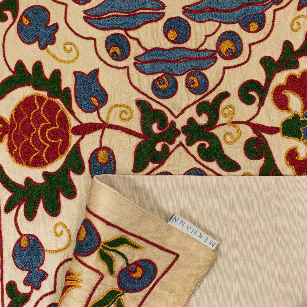 Folded view of Mekhann's cream cintamani runner, revealing the back fo the silk runner with the lining in full display in a beige.