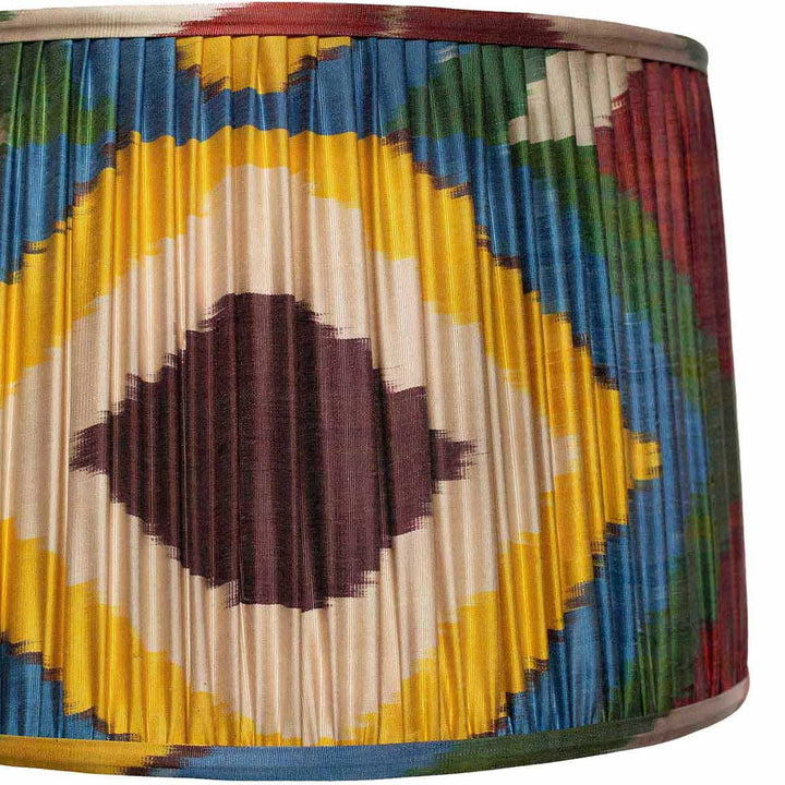 Close-up of Mekhann's ikat lampshade showcasing the sharp diamond pattern and the artisanal dyeing technique.