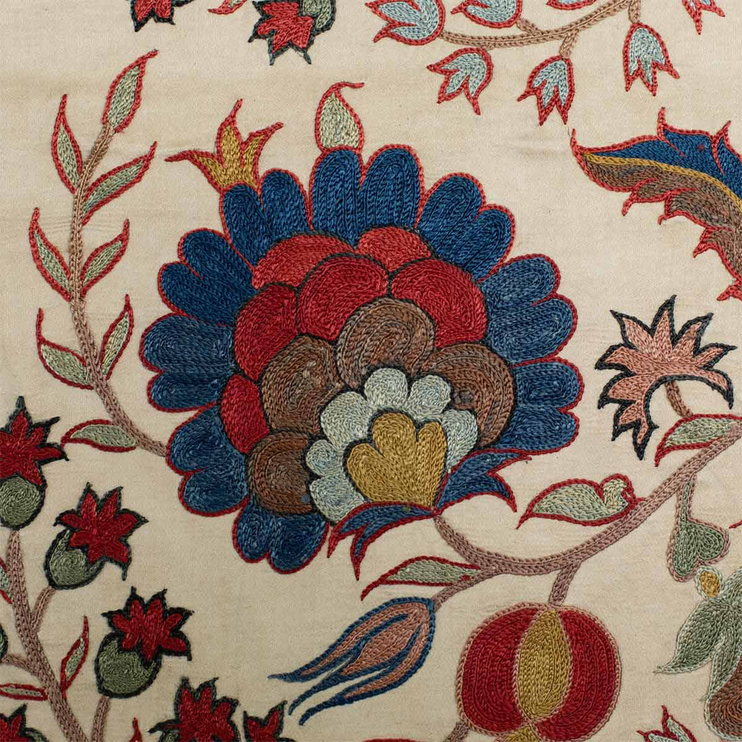 Close up view of Mekhann's cream botanical throw, rtisanal embroidery detail on Mekhann's Cream Botanical Throw, highlighting the meticulous design work.