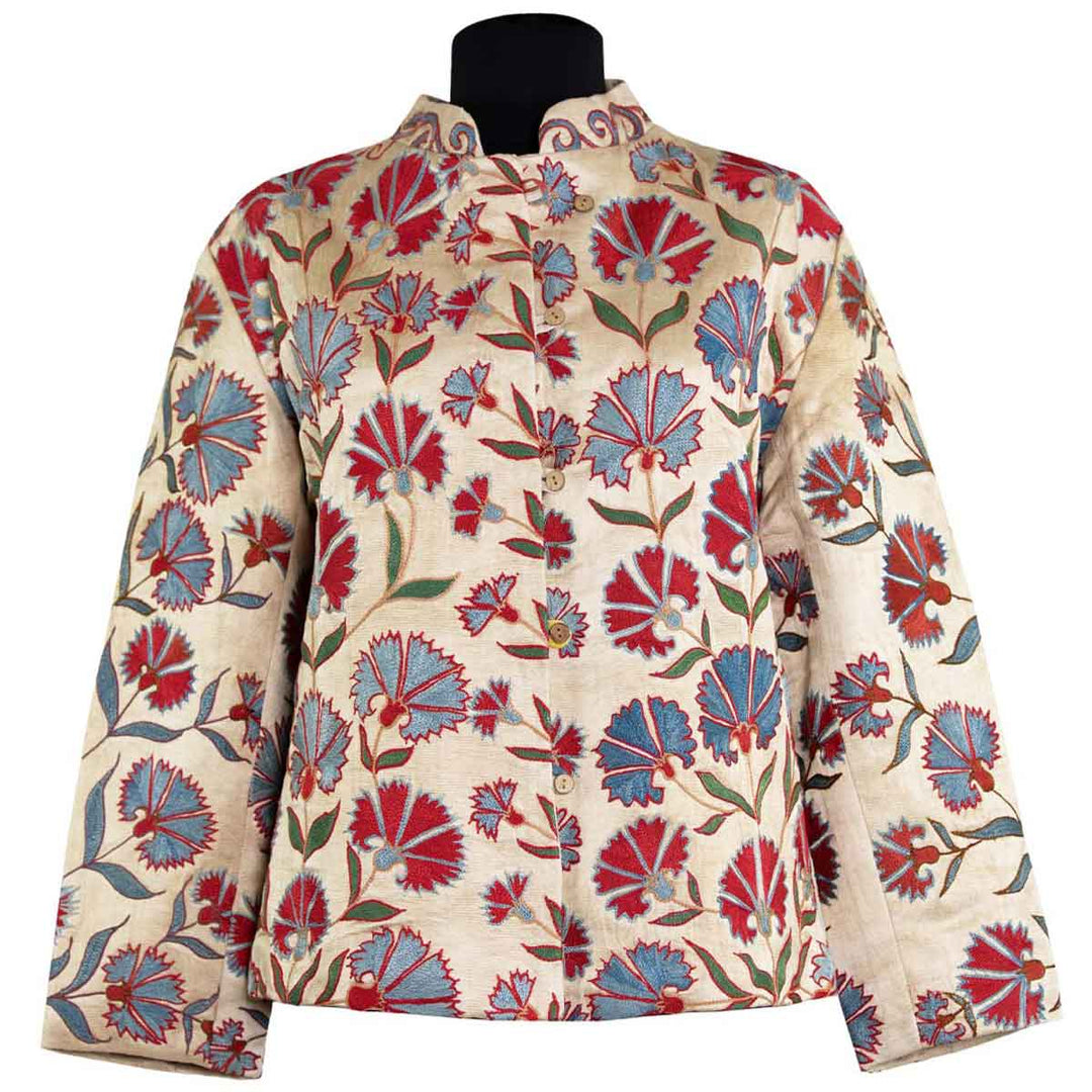 Front view of Mekhann's embroidered carnations jacket in cream, Showcasing a full composition of light blue and red carnations patterns on a base of cream silk.