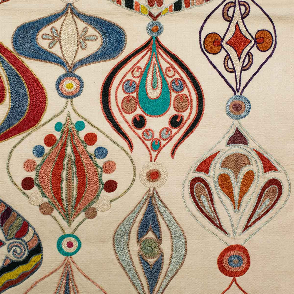 Close up view of Mekhann's cream constellations runner, show in detail the hand embroidered constellation patterns in bright hues against a cream silk background.