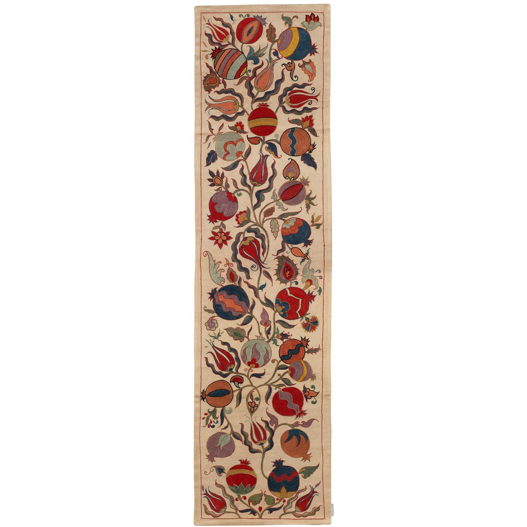Front view of Mekhann's cream ottoman vines runner, featuring a diverse array of vibrant, traditional vine patterns on a cream coloured silk background.