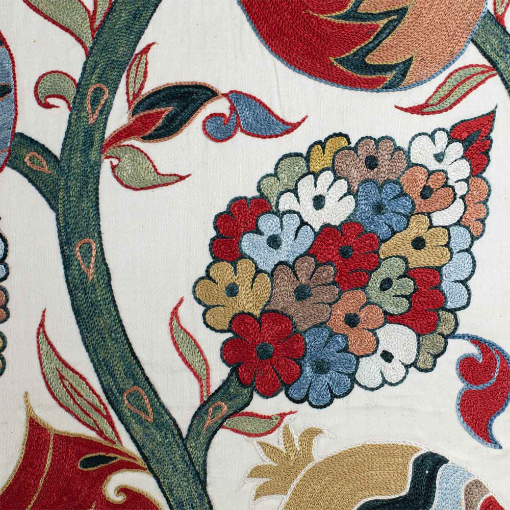Close up view of Mekhann's cream ottoman vines runner, showing a flower bundle motif coming off the vines on a base on light cream silk.