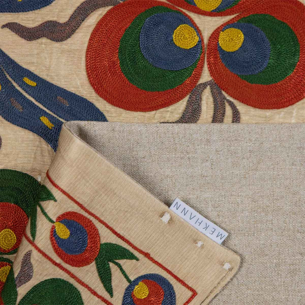 Folded view of Mekhann's cream cintamani runner, revealing the back lining that has been added for durability.