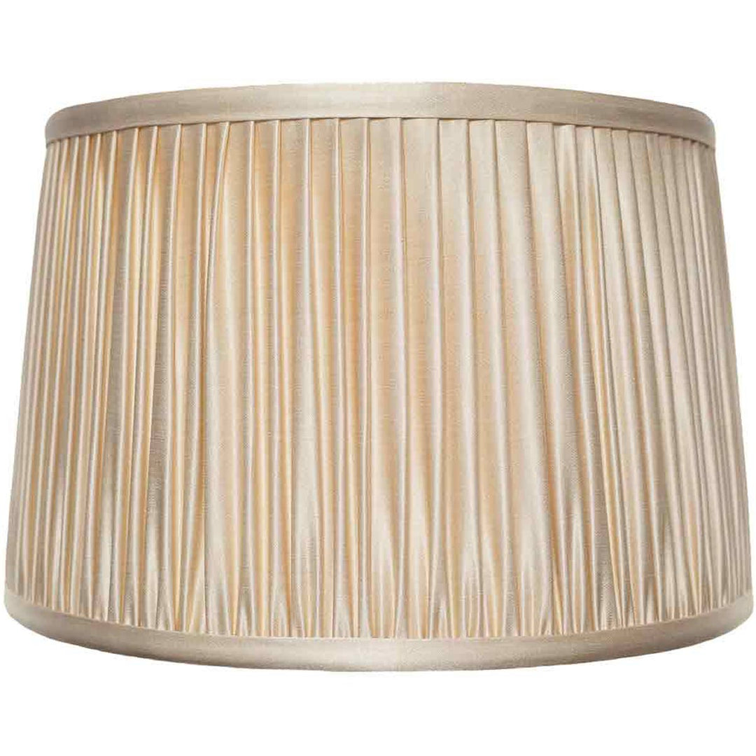Front view of Mekhann's elegant cream silk lampshade, featuring exquisite handcrafted pleating detail.