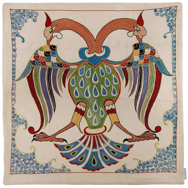 Luxurious silk throw with double-headed eagle embroidery in multicolor on ivory background, traditional design, high-quality textile art by Mekhann