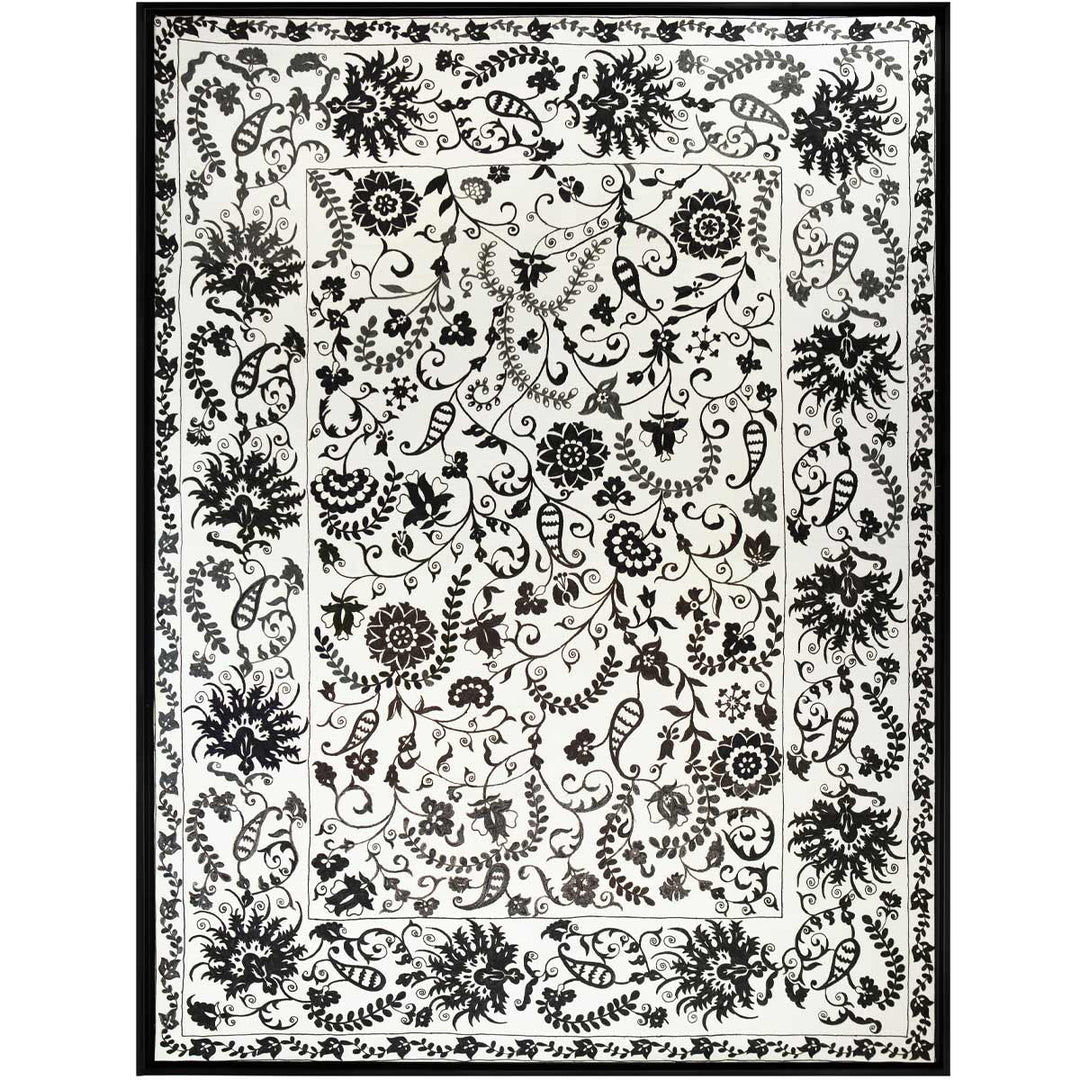 Front view of Mekhann's white and black silk artwork with organic botanical hand embroidered shapes. Showcasing in full the intricate details and attention to detail of the composition of the black silk embroidery on the white silk. All pulled together within a black frame that is in keeping with the artwork colours.