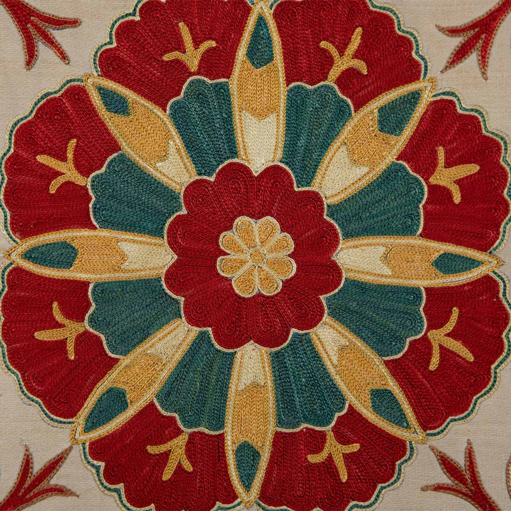 Close up view of Mekhann's cream silk botanicals artwork, showing the central floral medallion in red, teal and light yellow.