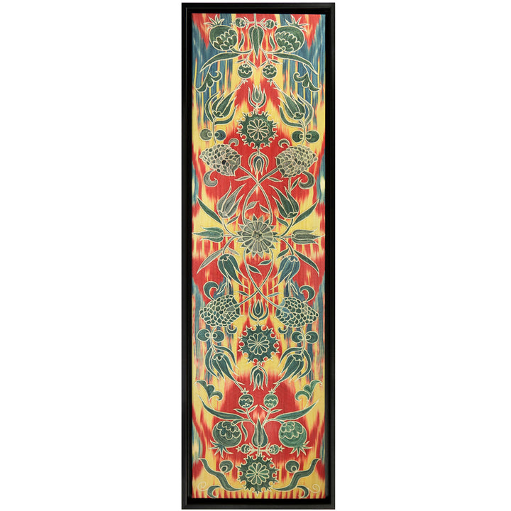 Front view of Mekhann's multicoloured and teal silk artwork, with a harmonious blend of red, green, and light yellow motifs, framed in black.