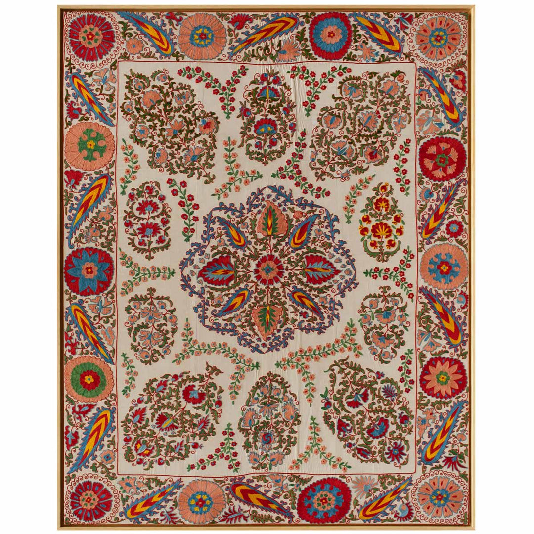 Front view of Mekhann's cream and multicoloured silk artwork featuring a collection of floral and botanical embroidered details. Displaying how the full composition works with each other and how the organic shapes merge into each other.