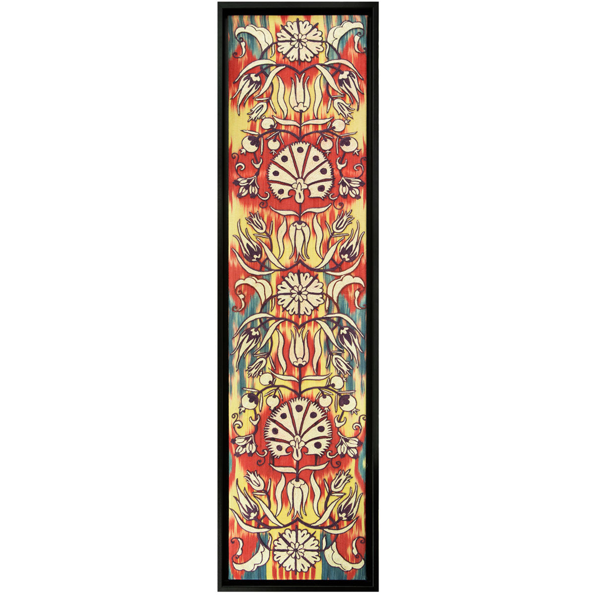 Front view of Mekhann's multicoloured and cream silk artwork, showcasing a long narrow artwork with a colourful base for th cream embroidered floral and organic patterns.
