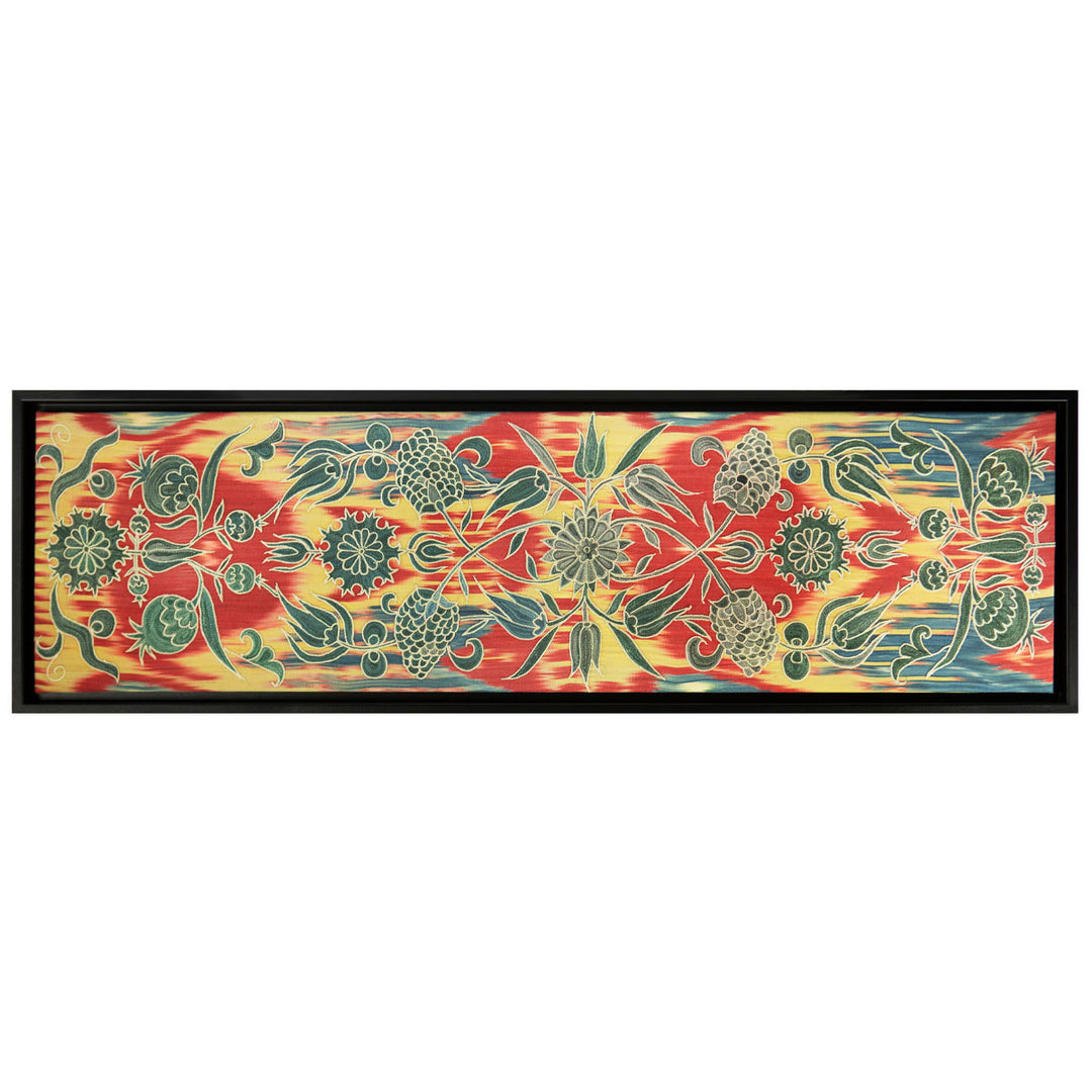 Horizontal front view of Mekhann's multicoloured and teal silk artwork, showing an alternative way to display the artwork on a wall.