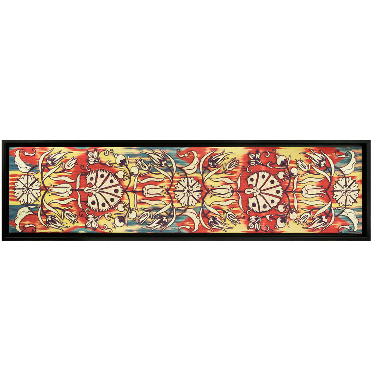 Horizontal front view of Mekhann's multicoloured and cream silk artwork, showing an alternative way you could place the artwork.