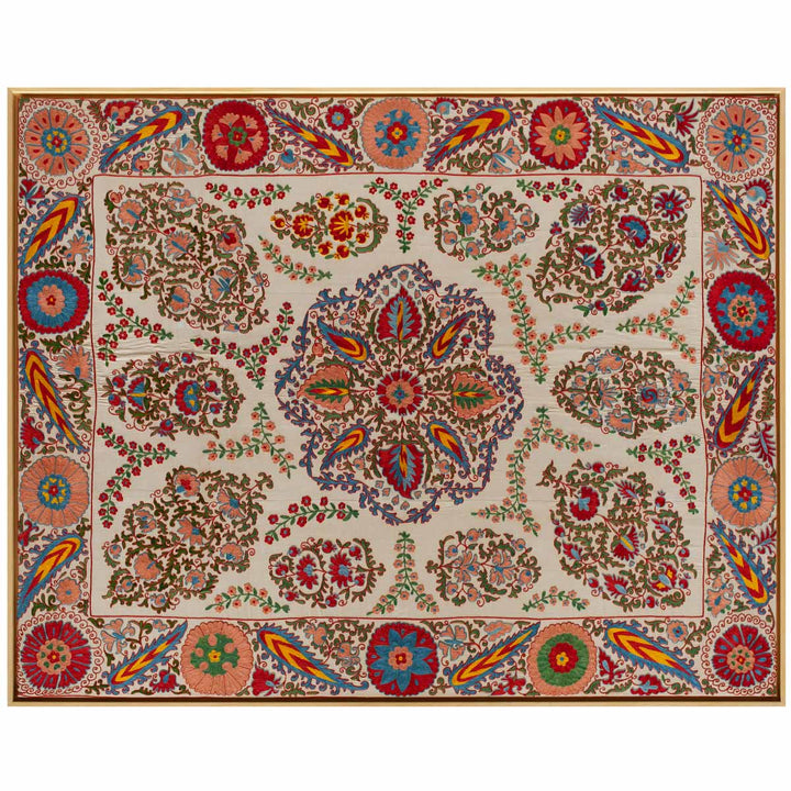 Horizontal front view of Mekhann's cream and multicoloured silk artwork featuring a collection of floral and botanical embroidered details. Showing an alternative placement of the artwork.