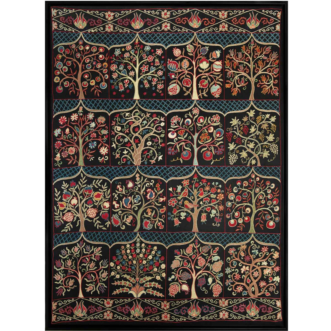 Front view of Mekhann's black silk garden artwork, showcasing a display of many different tree embroidery styles with different colour bodies, leaves and flowers. All of this within a black frame to complement the black silk base.