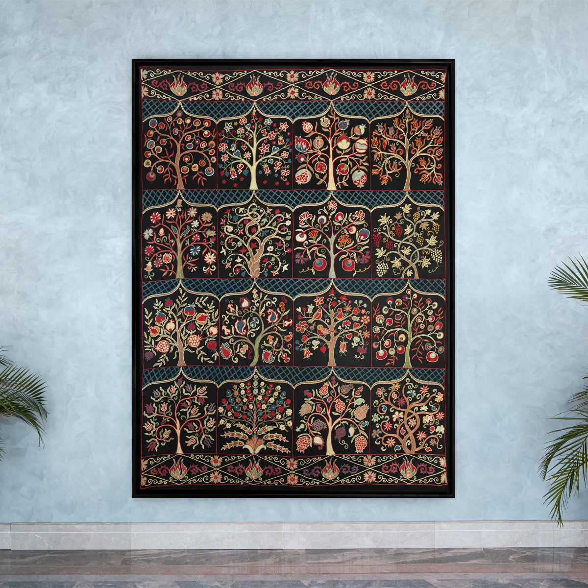 In use view of Mekhann's black silk garden artwork, showing the larger scale of the artwork hung on a wall to show the size context. 