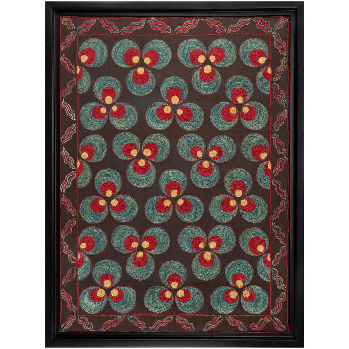 Front view of Mekhann's black silk, with red and blue cintamani patterns hand embroidered artwork. Showing in full the embroidered blue, red and light yellow Cintamani patterns all set against a black silk base.