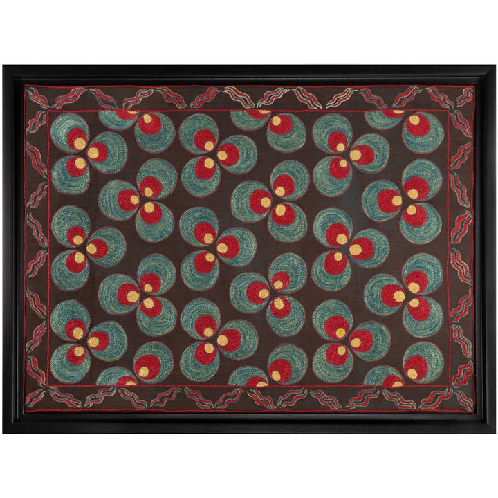 Horizontal front view of Mekhann's black silk, with red and blue cintamani patterns artwork, showing how the frames embroidery looks like from a different perspective and position.