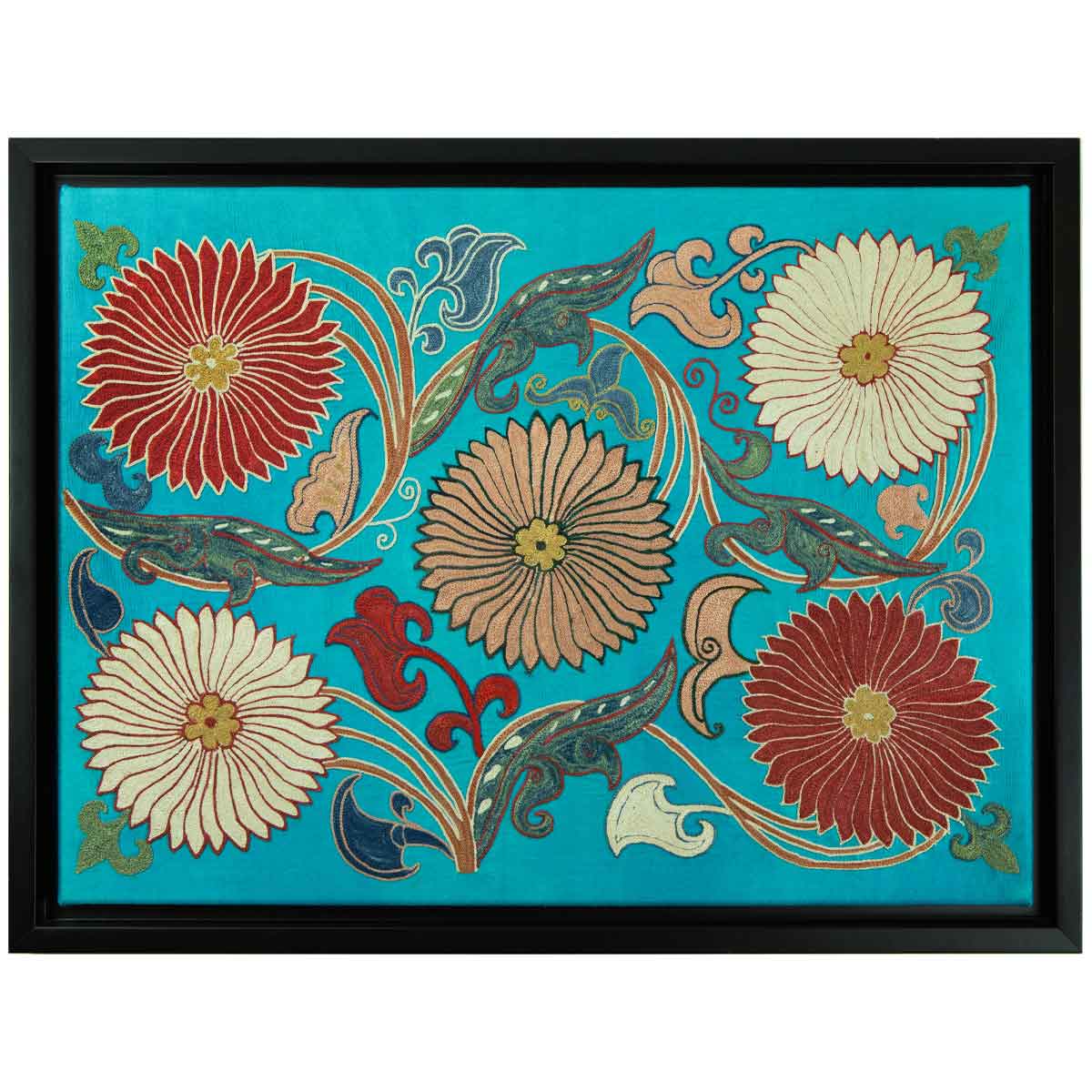 Horizontal front view of Mekhann's hand embroidered turquoise silk artwork, showing an alternative way to hang or view the frame.
