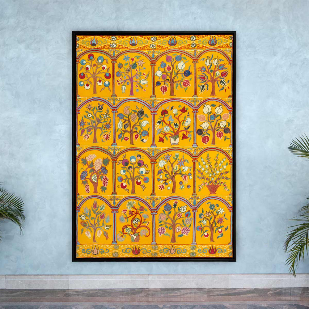 In use view of Mekhann's yellow silk garden artwork, this images showcasing the  size of the frame on a wall.