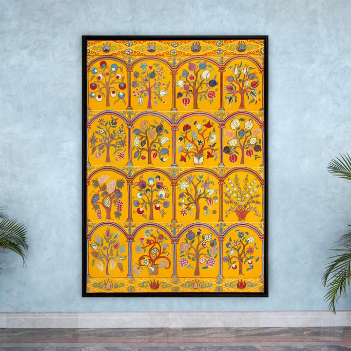 In use view of Mekhann's yellow silk garden artwork, this images showcasing the  size of the frame on a wall.