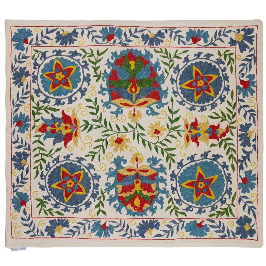 Alternative front view of Mekhann's cream iznik petite throw, showing the different angle the throw can be placed in.