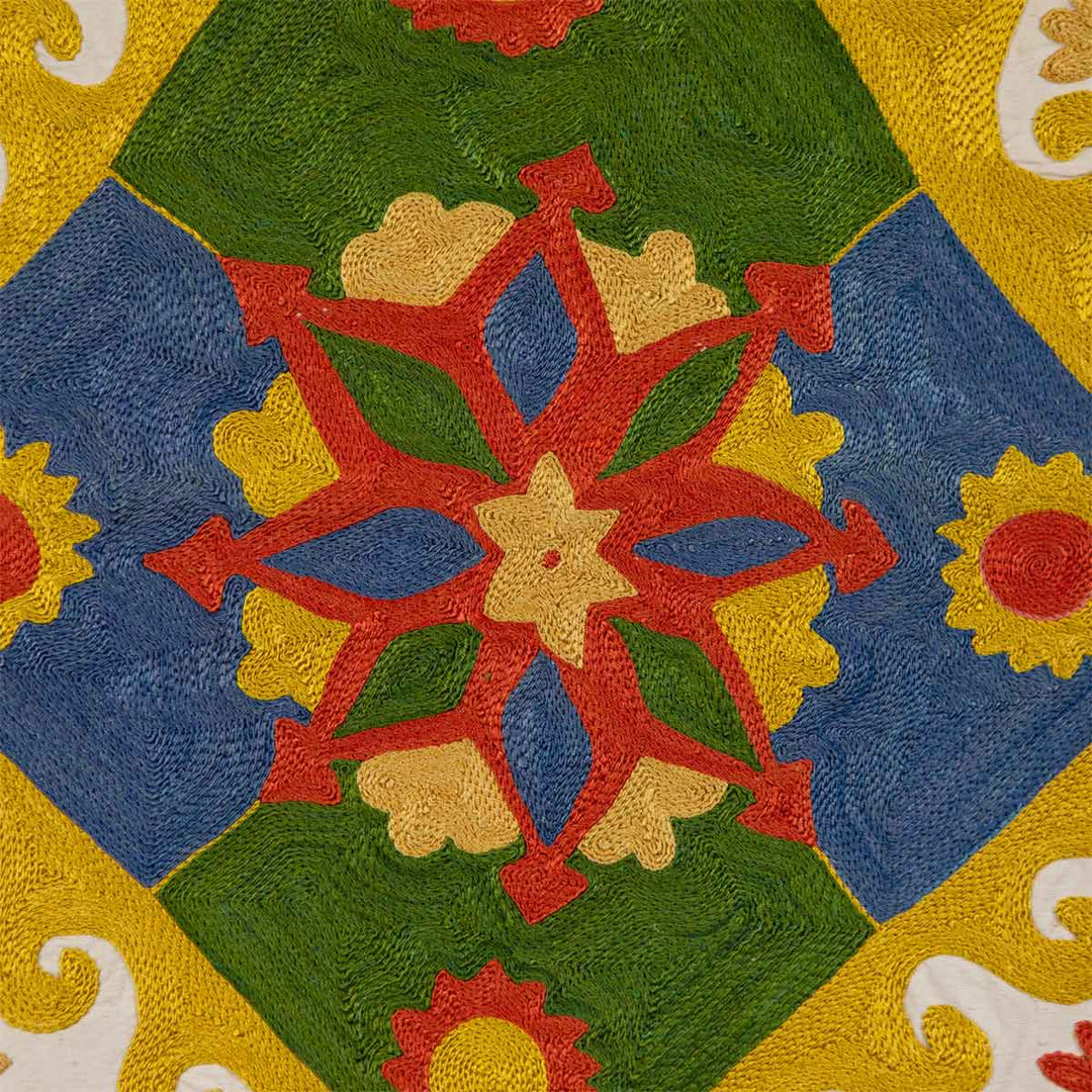 Close view of Mekhann's multicoloured arabesque petite throw, capturing the intricate texture and colour play of the embroidered patterns on Mekhann's arabesque throw.