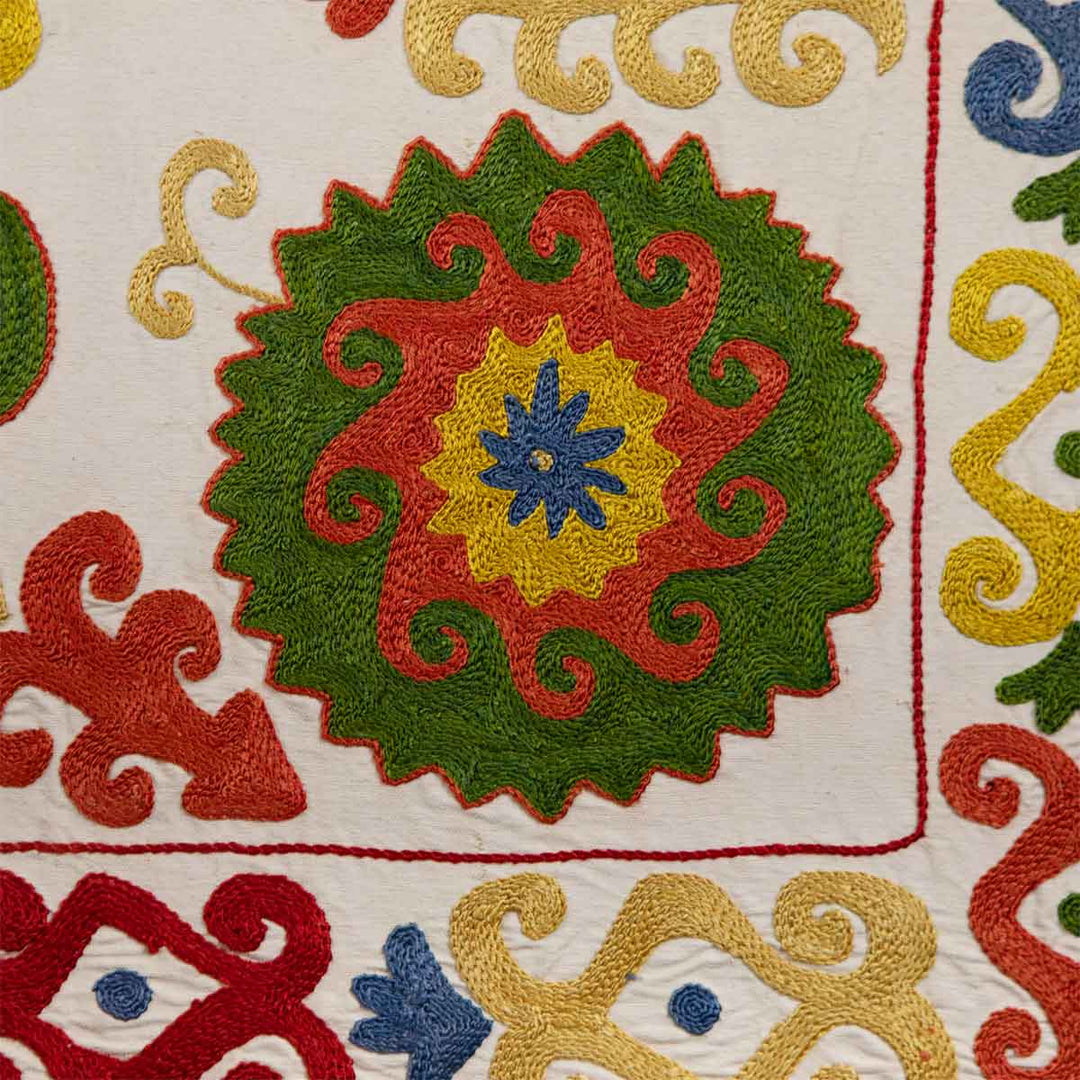 Detailed view of Mekhann's multicoloured arabesque petite throw, showcasing the vibrant embroidery and diverse patterns of Mekhann's multicoloured arabesque throw.