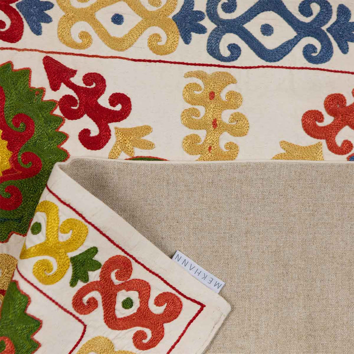 Folded view of Mekhann's multicoloured arabesque petite throw, highlighting the interplay of colours and detailed stitch work.