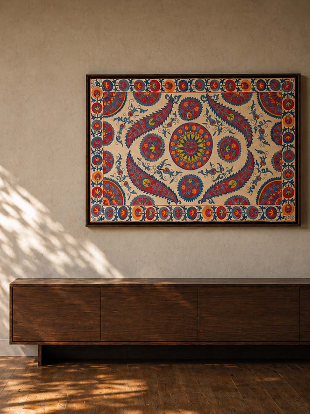Decorative wall art in a modern room with large windows